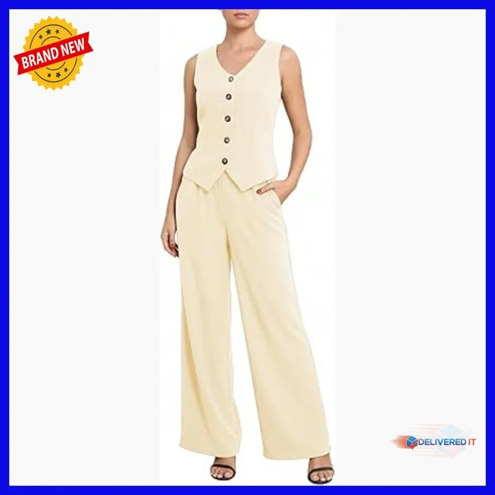 Sleeveless Vest Wide Leg Pants Set High Waist Business Casual Suit